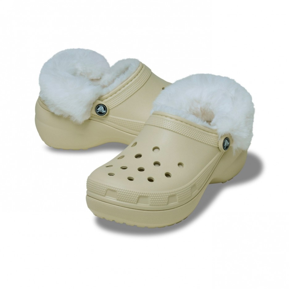 CROCS CLASSIC PLATFORM FUZZ LINED CLOG 212854-2Y2 Ecru