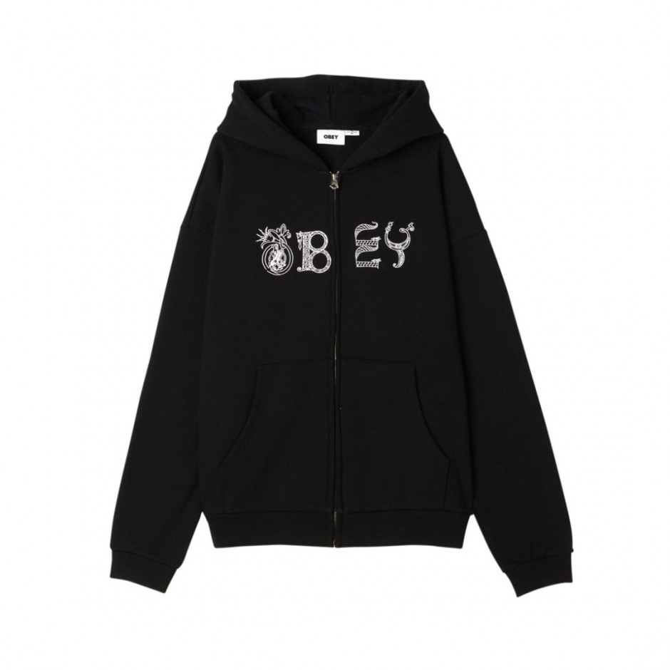 OBEY WOODCUT EXTRA HEAVY ZIP HOOD FLEECE 112460026-BLK Black