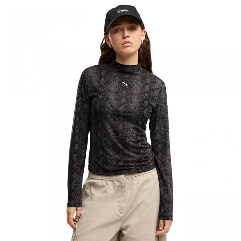 Women's Long Sleeve Top Black - PUMA Snake Pack Printed Mesh